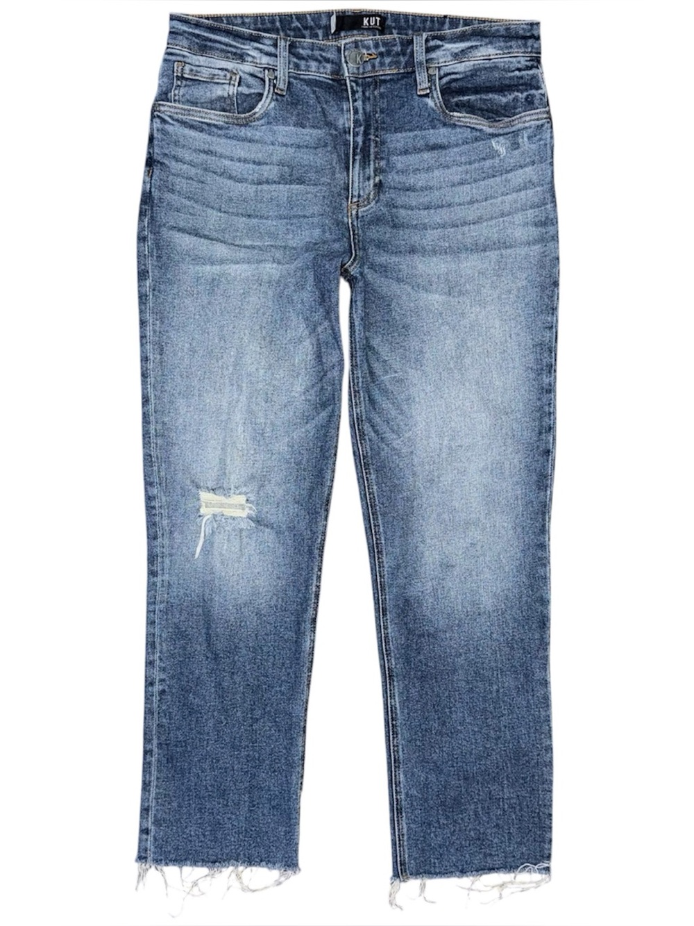 KUT From The Kloth Rachael Mom Jeans Distressed Blue Denim Raw Hem Sz 10 Whisker